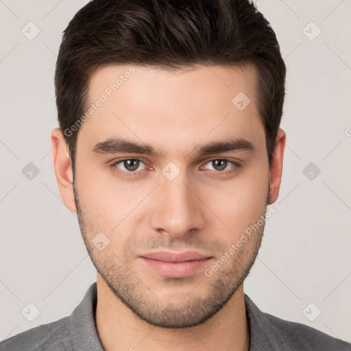 Neutral white young-adult male with short  brown hair and brown eyes