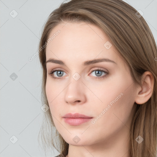 Neutral white young-adult female with long  brown hair and grey eyes