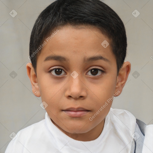 Joyful latino child female with short  brown hair and brown eyes