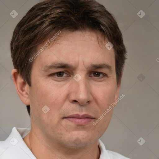 Neutral white adult male with short  brown hair and brown eyes