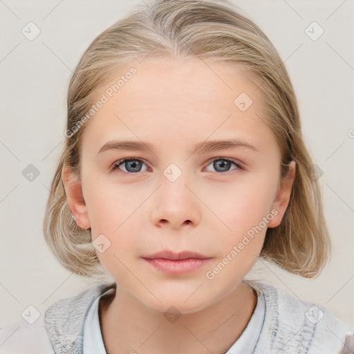 Neutral white child female with medium  brown hair and blue eyes