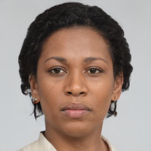 Neutral black adult female with short  brown hair and brown eyes