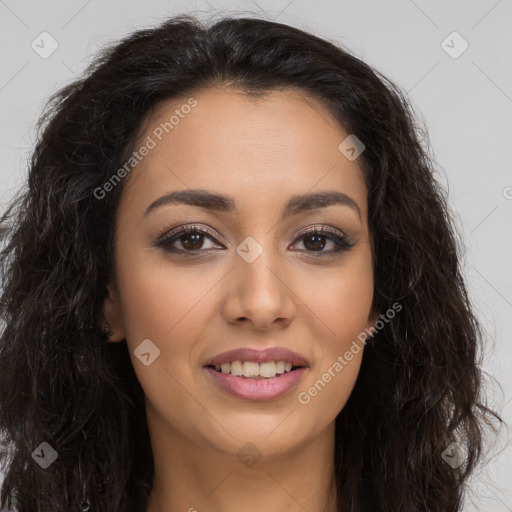 Joyful latino young-adult female with long  brown hair and brown eyes