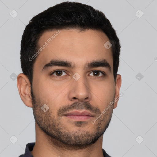 Neutral white young-adult male with short  black hair and brown eyes