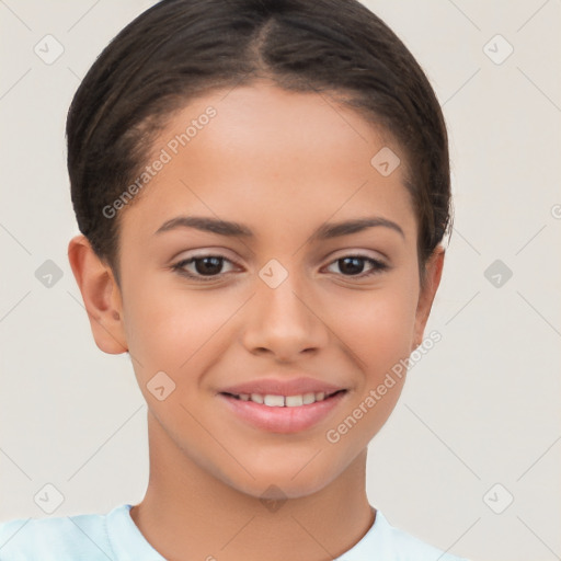 Joyful white child female with short  brown hair and brown eyes