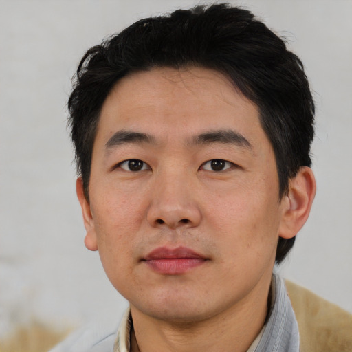 Neutral asian young-adult male with short  black hair and brown eyes