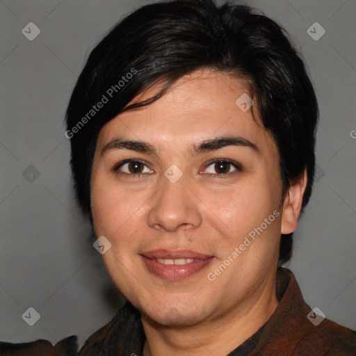 Joyful white adult female with medium  brown hair and brown eyes