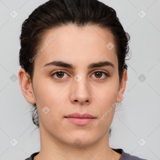 Neutral white young-adult female with medium  brown hair and brown eyes