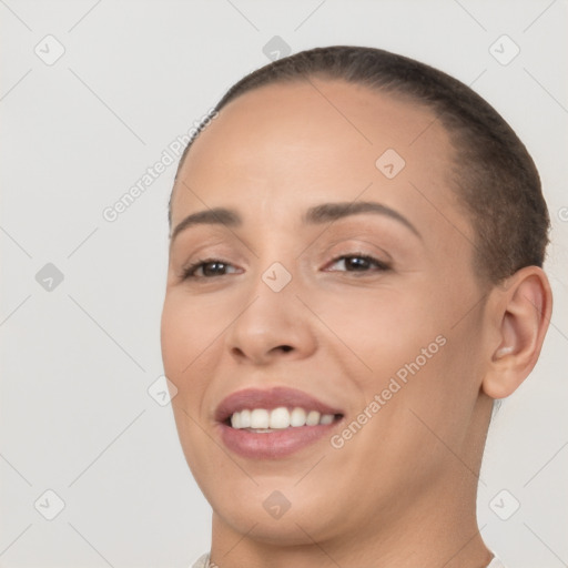 Joyful white young-adult female with short  brown hair and brown eyes