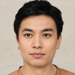 Neutral asian young-adult male with short  black hair and brown eyes