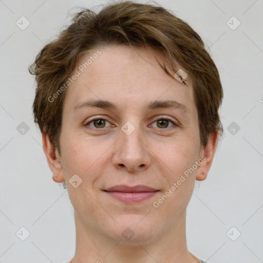 Joyful white young-adult female with short  brown hair and grey eyes