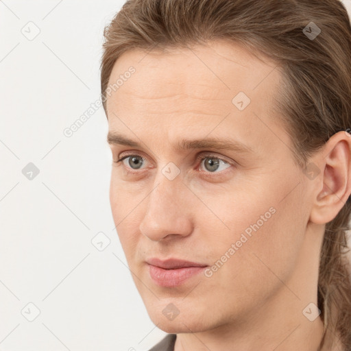 Neutral white young-adult male with short  brown hair and grey eyes