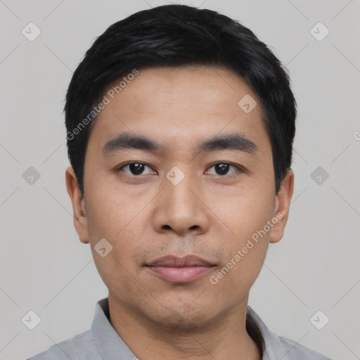 Neutral asian young-adult male with short  black hair and brown eyes