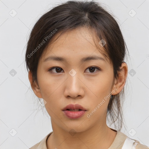 Neutral asian young-adult female with medium  brown hair and brown eyes