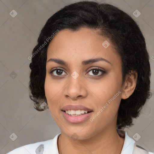 Joyful latino young-adult female with medium  black hair and brown eyes