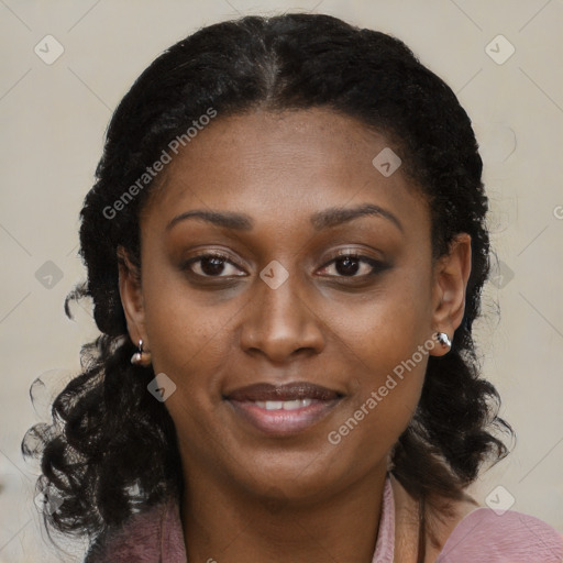 Joyful black young-adult female with medium  brown hair and brown eyes