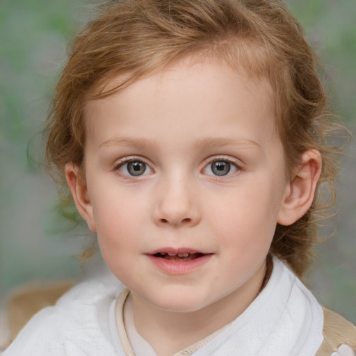 Neutral white child female with medium  brown hair and blue eyes