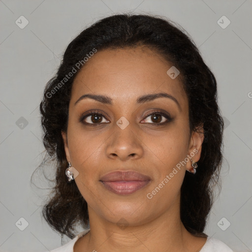 Joyful black young-adult female with medium  brown hair and brown eyes