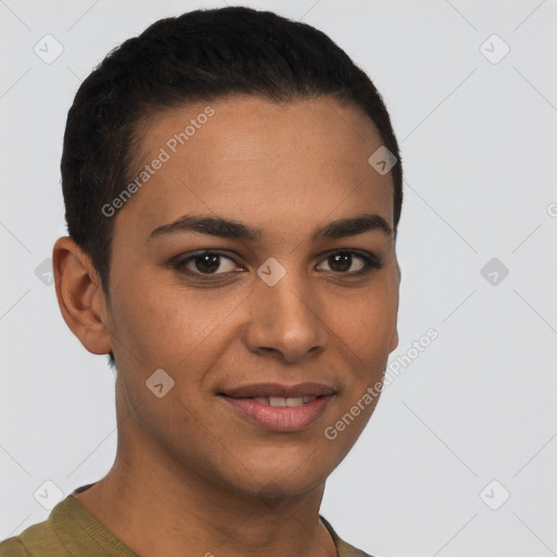 Joyful latino young-adult female with short  brown hair and brown eyes