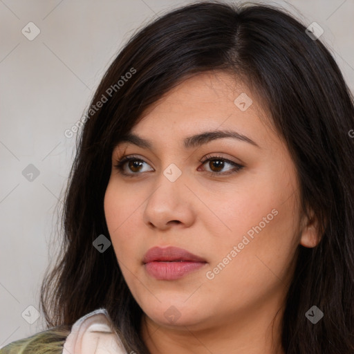 Neutral white young-adult female with long  brown hair and brown eyes