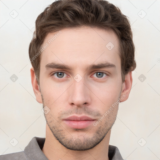 Neutral white young-adult male with short  brown hair and grey eyes