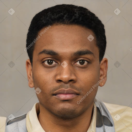 Neutral latino young-adult male with short  black hair and brown eyes
