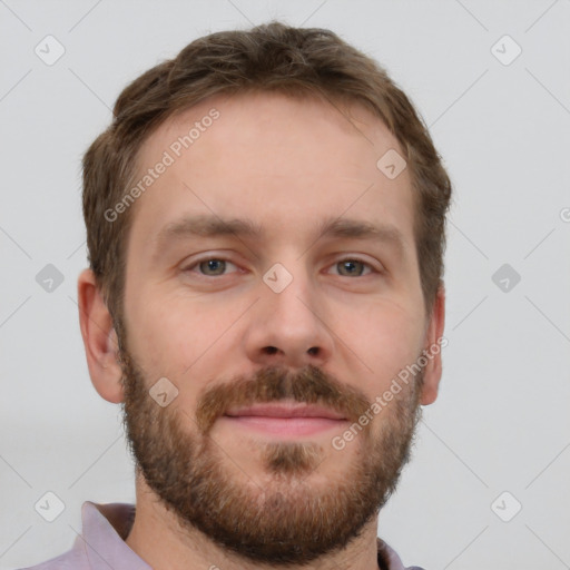 Neutral white young-adult male with short  brown hair and grey eyes