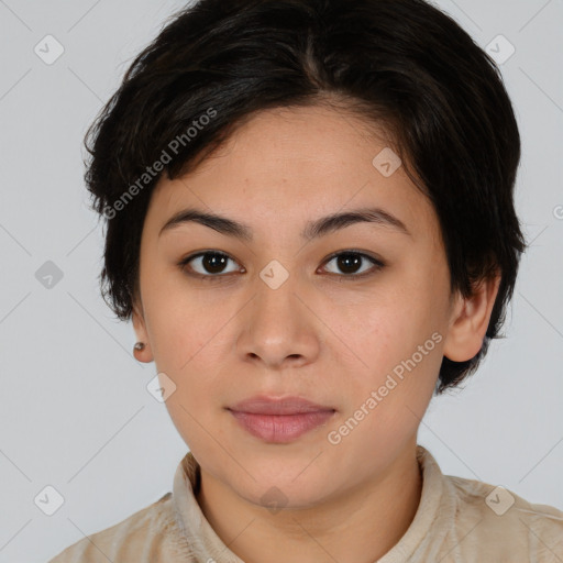 Neutral white young-adult female with medium  brown hair and brown eyes