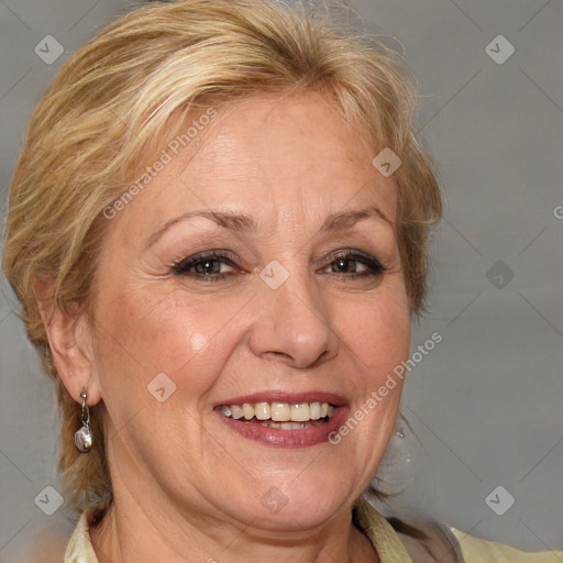 Joyful white adult female with medium  brown hair and blue eyes