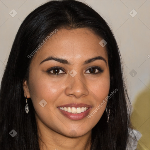 Joyful white young-adult female with long  brown hair and brown eyes