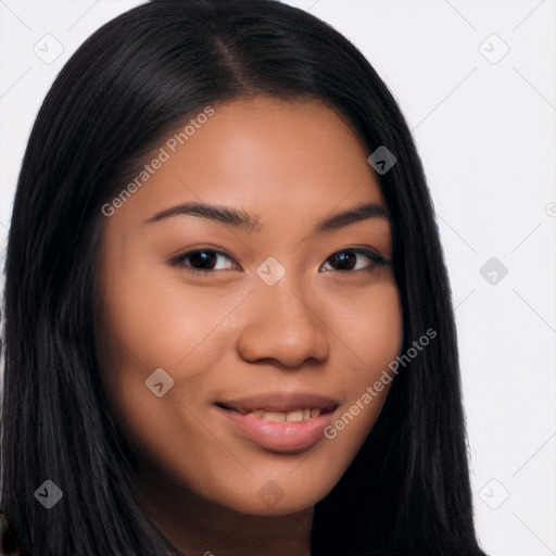 Joyful latino young-adult female with long  brown hair and brown eyes