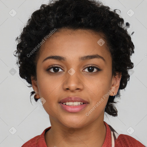 Joyful latino young-adult female with short  black hair and brown eyes