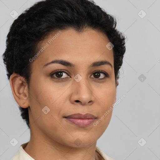 Joyful latino young-adult female with short  brown hair and brown eyes