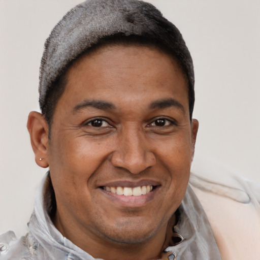 Joyful black adult male with short  brown hair and brown eyes