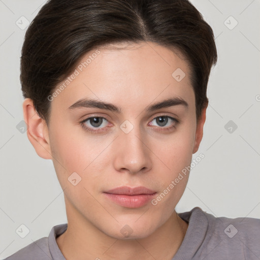 Neutral white young-adult female with short  brown hair and brown eyes