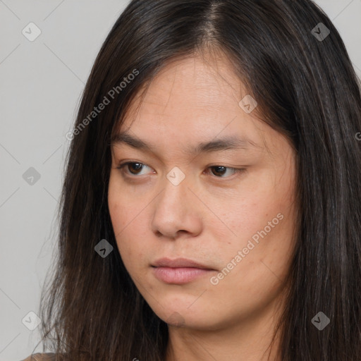 Neutral asian young-adult female with long  brown hair and brown eyes