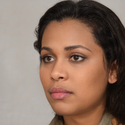 Neutral asian young-adult female with medium  black hair and brown eyes