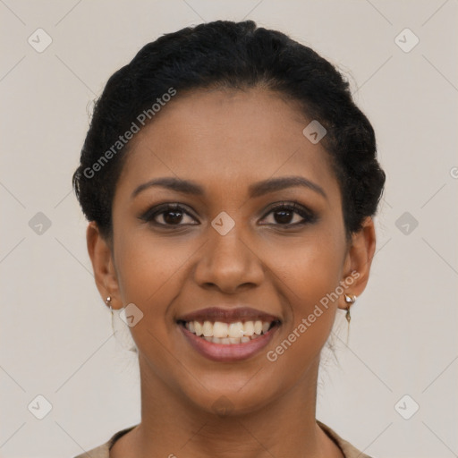 Joyful latino young-adult female with short  brown hair and brown eyes