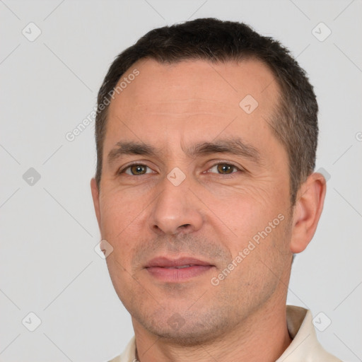 Neutral white adult male with short  brown hair and brown eyes