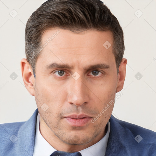 Neutral white adult male with short  brown hair and brown eyes