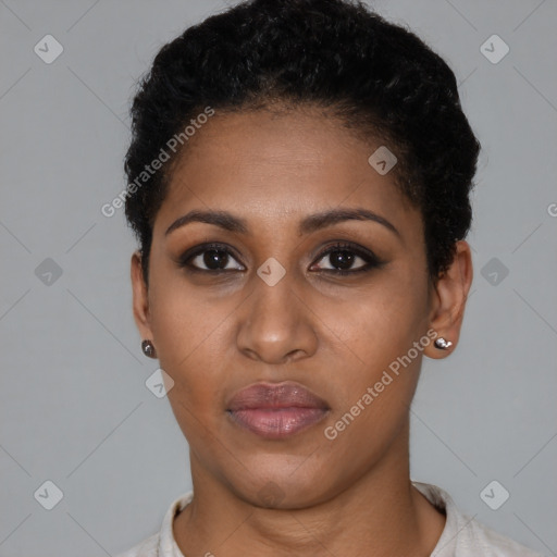 Neutral black young-adult female with short  black hair and brown eyes