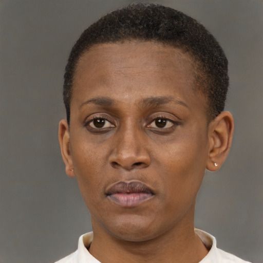 Neutral black adult female with short  brown hair and brown eyes