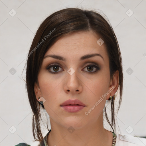 Neutral white young-adult female with medium  brown hair and brown eyes