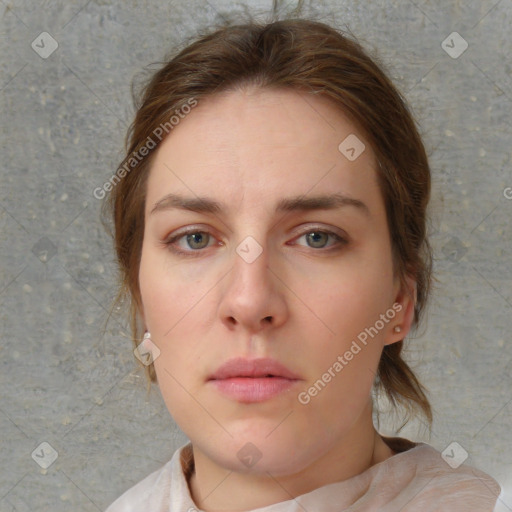 Neutral white young-adult female with medium  brown hair and blue eyes