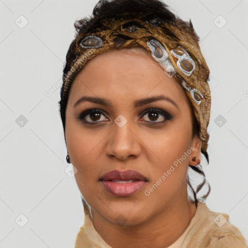 Joyful latino young-adult female with long  brown hair and brown eyes