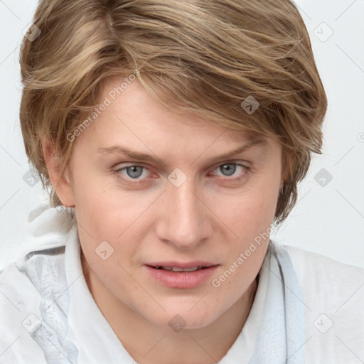 Joyful white young-adult female with medium  brown hair and blue eyes