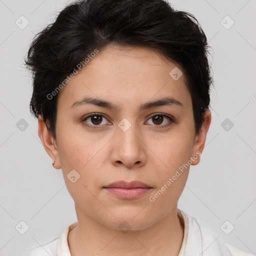 Neutral white young-adult female with short  brown hair and brown eyes