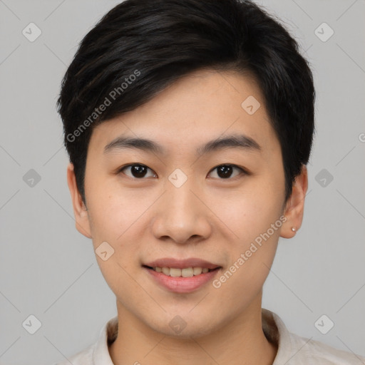 Joyful asian young-adult male with short  black hair and brown eyes