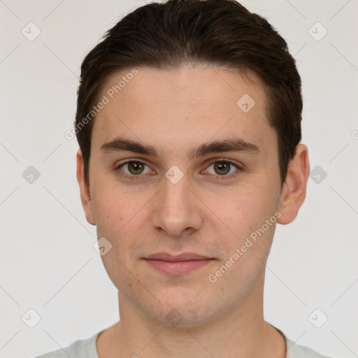 Neutral white young-adult male with short  brown hair and grey eyes