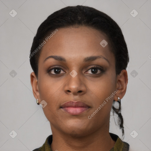 Neutral black young-adult female with short  black hair and brown eyes